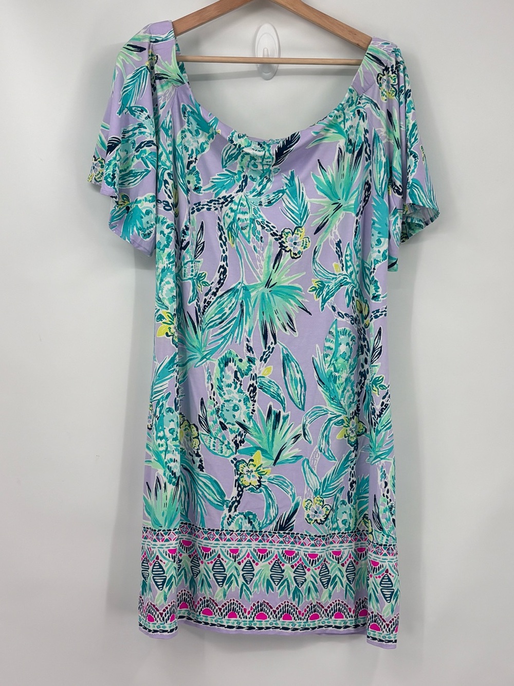 Lilly Pulitzer Fawcett Tropical Print off the shoulder Dress lilac verbena XL